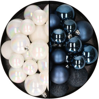 Decoris Kerstballen 60x stuks - mix parelmoer wit/donkerblauw - 4-5-6 cm - kunststof