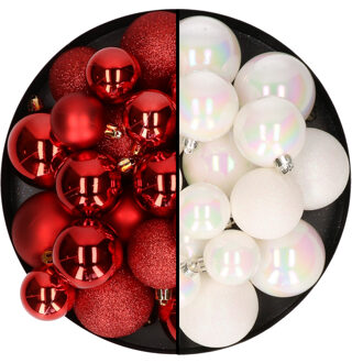 Decoris Kerstballen 60x stuks - mix parelmoer wit/rood - 4-5-6 cm - kunststof - Kerstbal