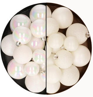 Decoris Kerstballen 60x stuks - mix parelmoer wit/wol wit - 4-5-6 cm - kunststof
