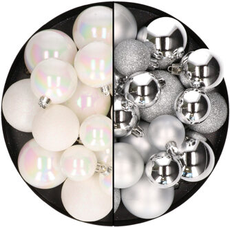 Decoris Kerstballen 60x stuks - mix parelmoer wit/zilver - 4-5-6 cm - kunststof
