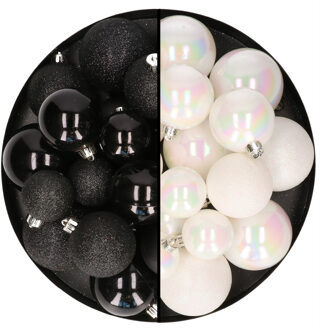Decoris Kerstballen 60x stuks - mix parelmoer wit/zwart - 4-5-6 cm - kunststof