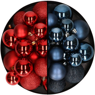 Decoris Kerstballen 60x stuks - mix rood/donkerblauw - 4-5-6 cm - kunststof - Kerstbal