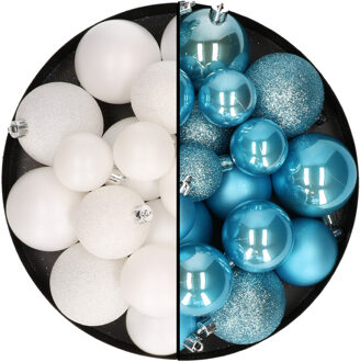 Decoris Kerstballen 60x stuks - mix wit/ijsblauw - 4-5-6 cm - kunststof - Kerstbal