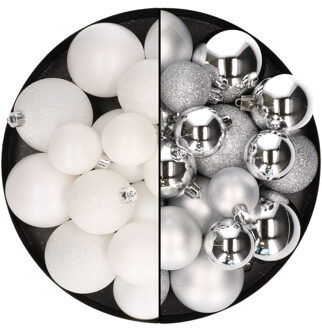 Decoris Kerstballen 60x stuks - mix wit/zilver - 4-5-6 cm - kunststof