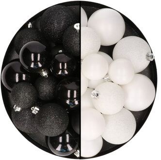 Decoris Kerstballen 60x stuks - mix wit/zwart - 4-5-6 cm - kunststof