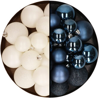 Decoris Kerstballen 60x stuks - mix wol wit/donkerblauw - 4-5-6 cm - kunststof