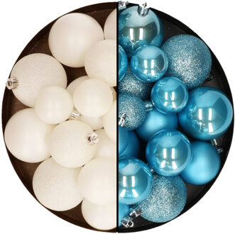 Decoris Kerstballen 60x stuks - mix wol wit/ijsblauw - 4-5-6 cm - kunststof - Kerstbal Crème