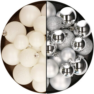 Decoris Kerstballen 60x stuks - mix wol wit/zilver - 4-5-6 cm - kunststof
