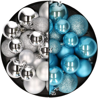 Decoris Kerstballen 60x stuks - mix zilver/ijsblauw - 4-5-6 cm - kunststof - Kerstbal Zilverkleurig