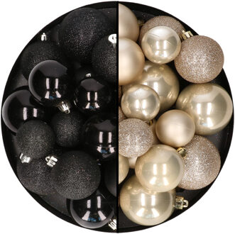 Decoris Kerstballen 60x stuks - mix zwart/champagne - 4-5-6 cm - kunststof - Kerstbal Champagnekleurig