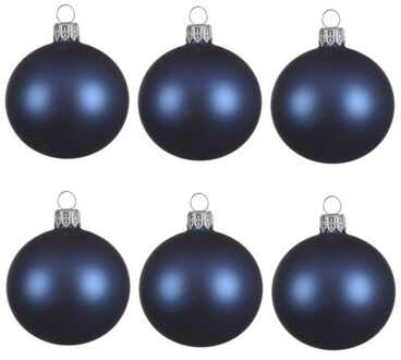 Decoris kerstballen - 6x - donkerblauw - 8 cm - glas - mat - velvet - kerstversiering