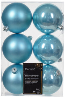 Decoris kerstballen - 6x - ijs blauw - 8 cm -kunststof - Kerstbal