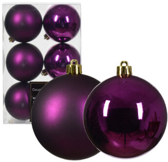 Decoris kerstballen - 6x - paars - 8 cm -kunststof - Kerstbal