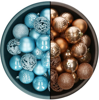 Decoris Kerstballen - 74x st - camel bruin en ijsblauw - 6 cm - kunststof