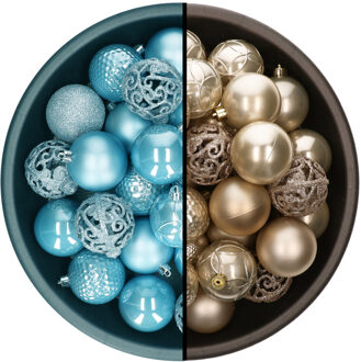 Decoris Kerstballen - 74x st - champagne en ijsblauw - 6 cm - kunststof