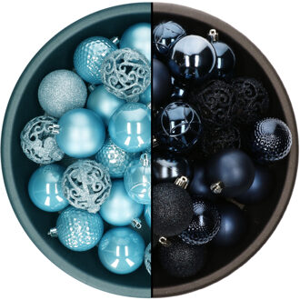 Decoris kerstballen - 74x st - donkerblauw en ijsblauw - 6 cm - kunststof - Kerstbal