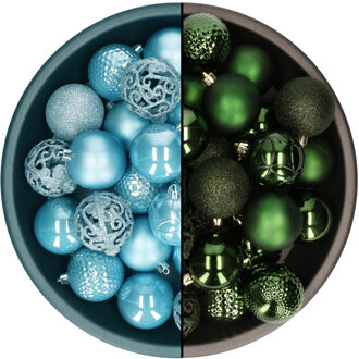Decoris Kerstballen - 74x st - donkergroen en ijsblauw - 6 cm - kunststof