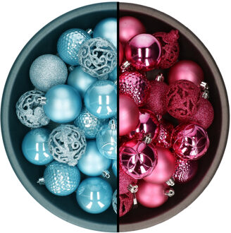 Decoris kerstballen - 74x st - fuchsia roze en ijsblauw - 6 cm - kunststof - Kerstbal