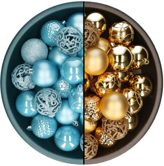 Decoris kerstballen - 74x st - goud en ijsblauw - 6 cm - kunststof - Kerstbal Goudkleurig