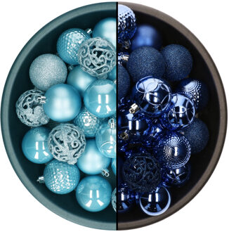 Decoris kerstballen - 74x st - kobalt blauw en ijsblauw - 6 cm - kunststof - Kerstbal