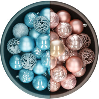 Decoris Kerstballen - 74x st - lichtroze en ijsblauw - 6 cm - kunststof