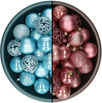 Decoris Kerstballen - 74x st - oudroze en ijsblauw - 6 cm - kunststof