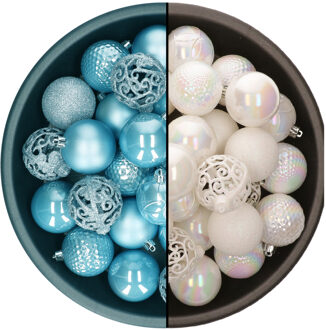 Decoris Kerstballen - 74x st - parelmoer wit en ijsblauw - 6 cm - kunststof