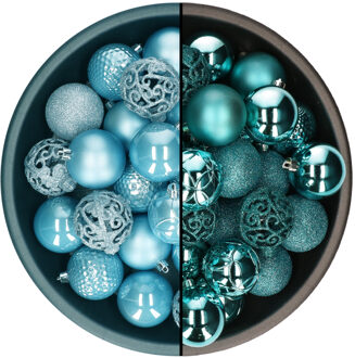 Decoris kerstballen - 74x st - turquoise blauw en ijsblauw - 6 cm - kunststof - Kerstbal