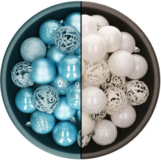 Decoris Kerstballen - 74x st - wit en ijsblauw - 6 cm - kunststof