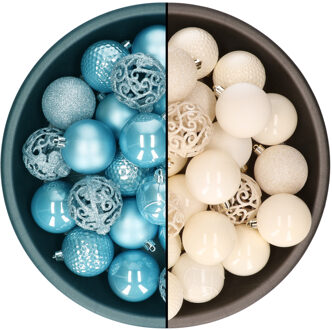 Decoris kerstballen - 74x st - wol wit en ijsblauw - 6 cm - kunststof - Kerstbal Crème