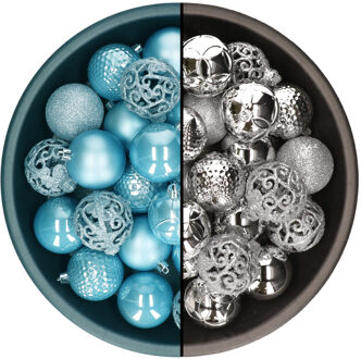 Decoris Kerstballen - 74x st - zilver en ijsblauw - 6 cm - kunststof