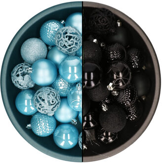 Decoris kerstballen - 74x st - zwart en ijsblauw - 6 cm - kunststof - Kerstbal