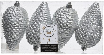 Decoris Kerstballen - dennenappels - 4x - zilver - 12 cm - kerstornamenten