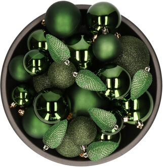 Decoris Kerstballen en dennenappels ornamenten - 32x st - donkergroen - kunststof - 6, 8 en 10 cm