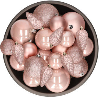 Decoris Kerstballen en dennenappels ornamenten - 32x st - lichtroze - kunststof - 6, 8 en 10 cm