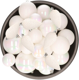 Decoris Kerstballen en dennenappels ornamenten - 32x st - parelmoer wit - kunststof - 6, 8 en 10 cm
