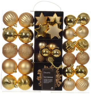 Decoris kerstballen en kersthangers - 40x - kunststof - goud - mix - Kerstbal Goudkleurig