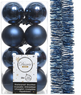 Decoris kerstballen en kerstslinger 17x stuks donkerblauw kunststof - Kerstbal