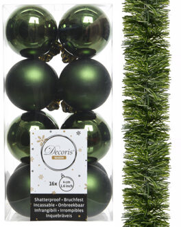 Decoris kerstballen en kerstslinger 17x stuks donkergroen kunststof
