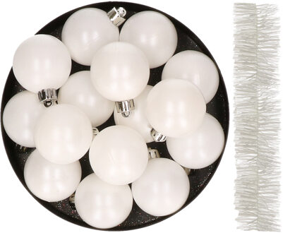 Decoris kerstballen en kerstslinger 17x stuks wit kunststof