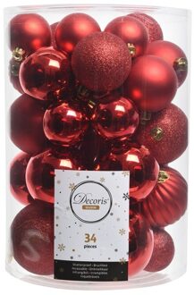 Decoris Kerstballen en ornamenten - 34x st - rood - kunststof - kerstballen en dennenappels