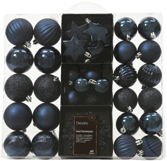 Decoris Kerstballen en ornamenten - 40x - kunststof - donkerblauw - mix