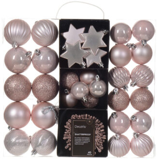 Decoris Kerstballen en ornamenten - 40x - kunststof - lichtroze - mix
