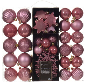 Decoris Kerstballen en ornamenten - 40x - kunststof - oudroze - mix