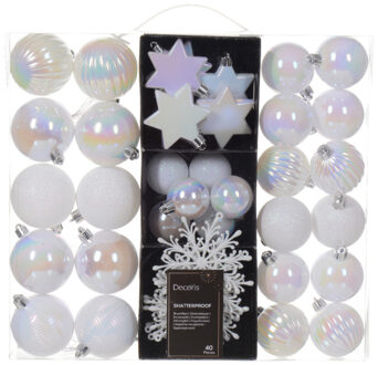 Decoris Kerstballen en ornamenten - 40x - kunststof - parelmoer wit - mix