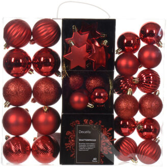 Decoris Kerstballen en ornamenten - 40x - kunststof - rood - mix