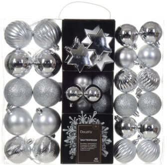 Decoris Kerstballen en ornamenten - 40x - kunststof - zilver - mix