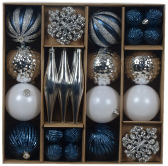 Decoris Kerstballen en ornamenten set - 46-delig - blauw/wit/zilver - kunststof - kerstversiering