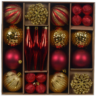 Decoris Kerstballen en ornamenten set - 46-delig - rood/goud - kunststof - kerstboomversiering