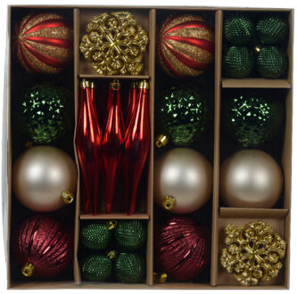 Decoris Kerstballen en ornamenten set - 46-delig - rood/groen/champagne - kunststof - kerstversiering